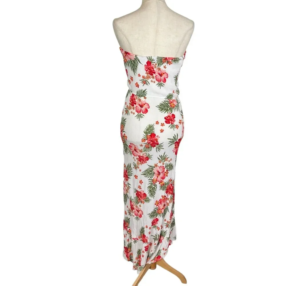 Love...ady Pink Hibiscus Green Front Slit Dress Women's Small Strapless - Picture 9 of 11